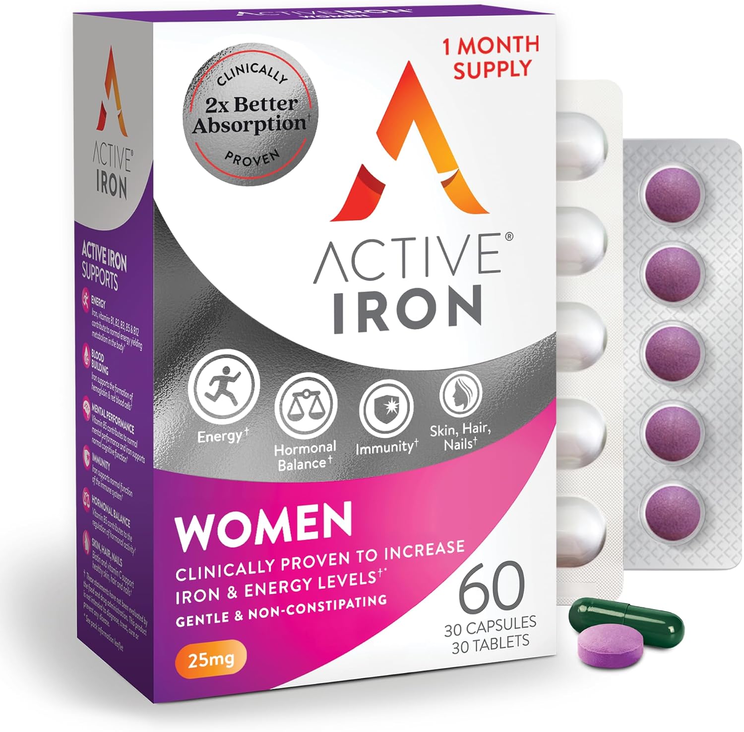 Active Iron Supplement  25mg + Multivitamin for Women, Gentle on Stomach