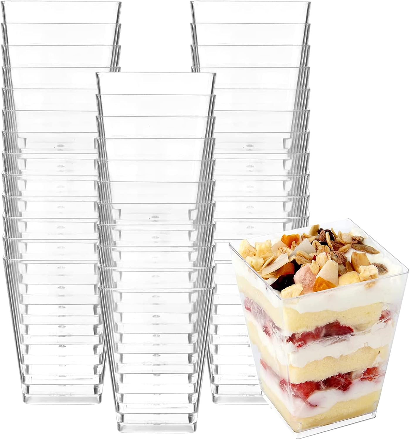 CYH 50 Pack Square Plastic Mini Dessert Cups, 240ml Multi-use Plastic Parfait Appetizer Cup, Serving for Puddings Mousse Desserts Appetizers Birthday Party, Transparent