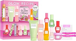 Glow Recipe Library Skincare Gift Set - Avocado Face Wash + Face Serum + Facial Toner + Guava Eye Cream + Hyaluronic Acid Moisturizer + Dew Drops + Strawberry Smooth Serum + 2 Hair Clips (10 Count)