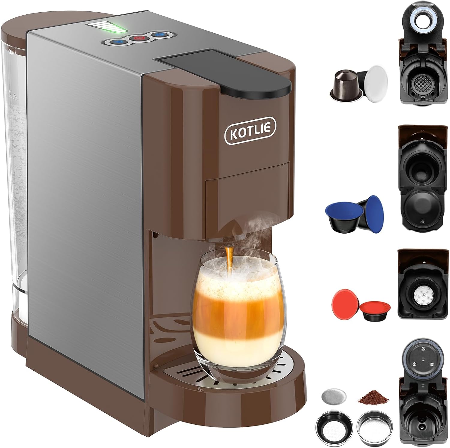 5 in 1 Espresso Single Serve Coffee Machine for Nespresso Original/Dolce Gusto/Mio/L’OR/Ground Capsule and ESE Coffee Pods,19Bar Multi-Capsule Coffee Machine (AC-513HF) (BROWN-513K)
