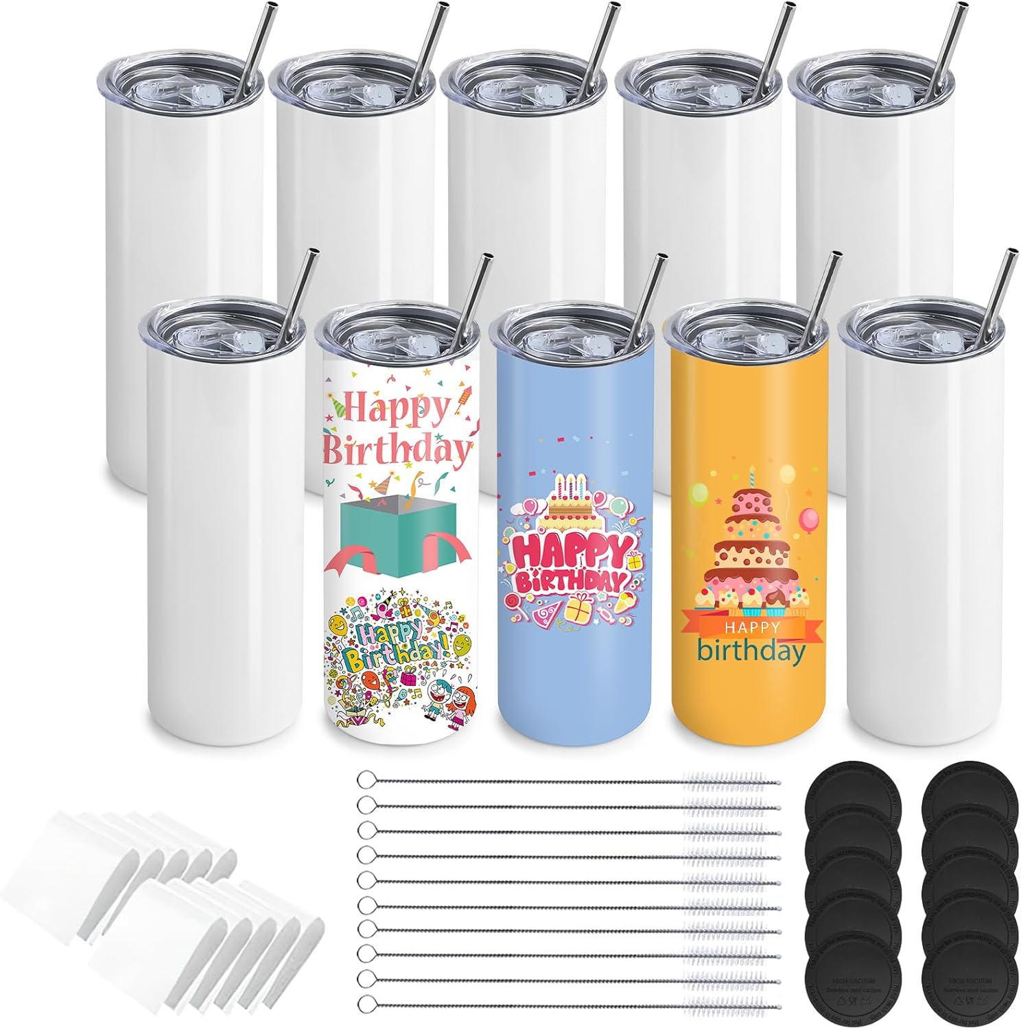 MSYU 10 Pack Sublimation Tumblers Bulk, 20 oz Stainless Steel Straight Skinny Tumbler, White Double Walled Vacuum Tumbler with Straws and Lid for DIY, Memorial Gifts, Individually Boxed