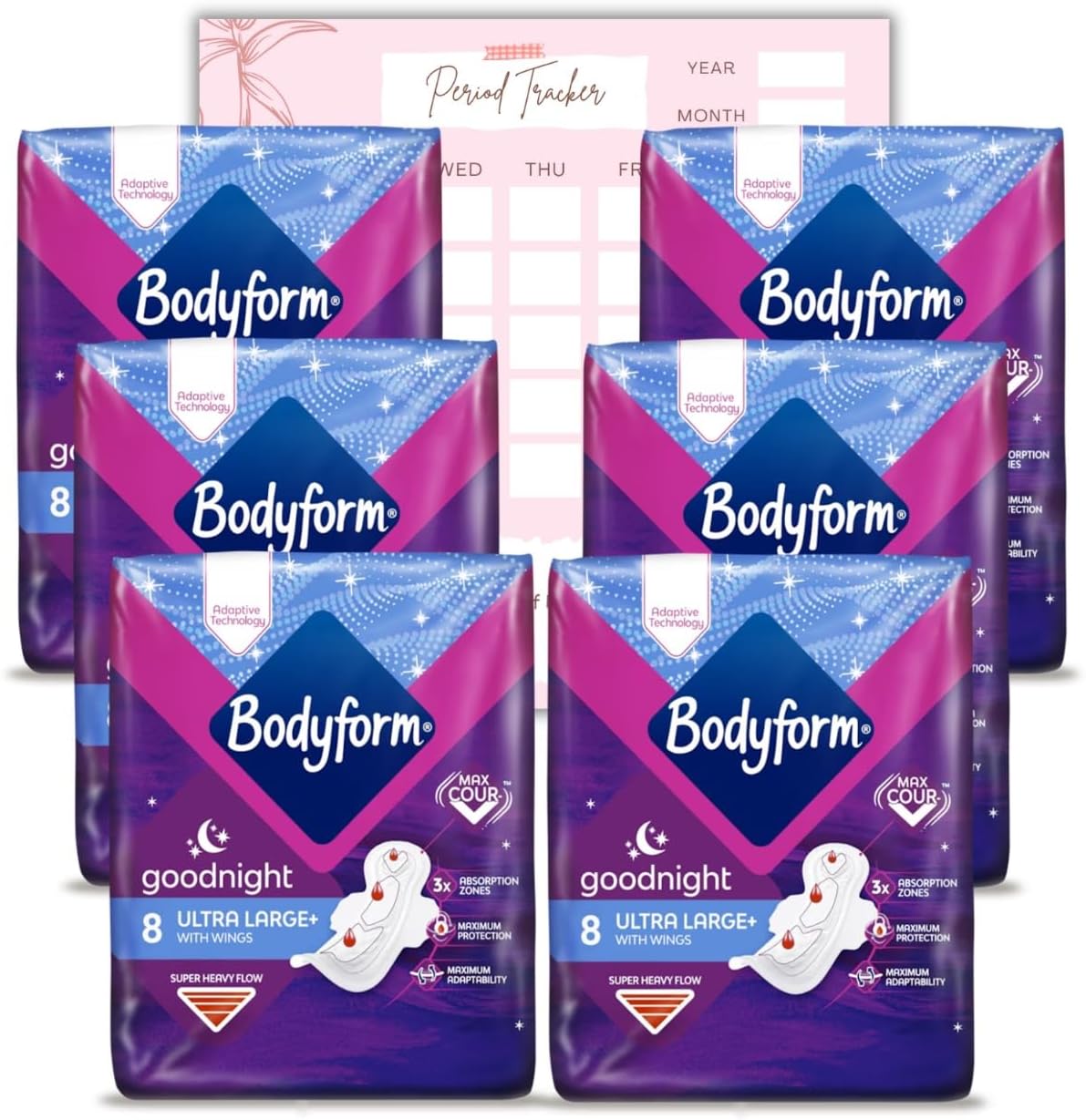 Body Form Ultra Goodnight Sanitary Towels with Wings, 48 (8 x 6 Packs) Period Pads for Night Use, Super Heavy Flow, Cour-V Ultra Night with Caliko Period Tracker