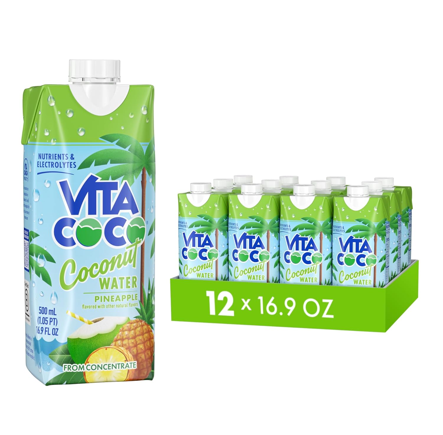 Vita Coco Coconut Water Naturally Hydrating Electrolyte Drink Smart Alternative to Coffee Soda and Sports Drinks Gluten Free, Pineapple, 16.9 Fl Oz (Pack of 12), 202.8 Fl Oz