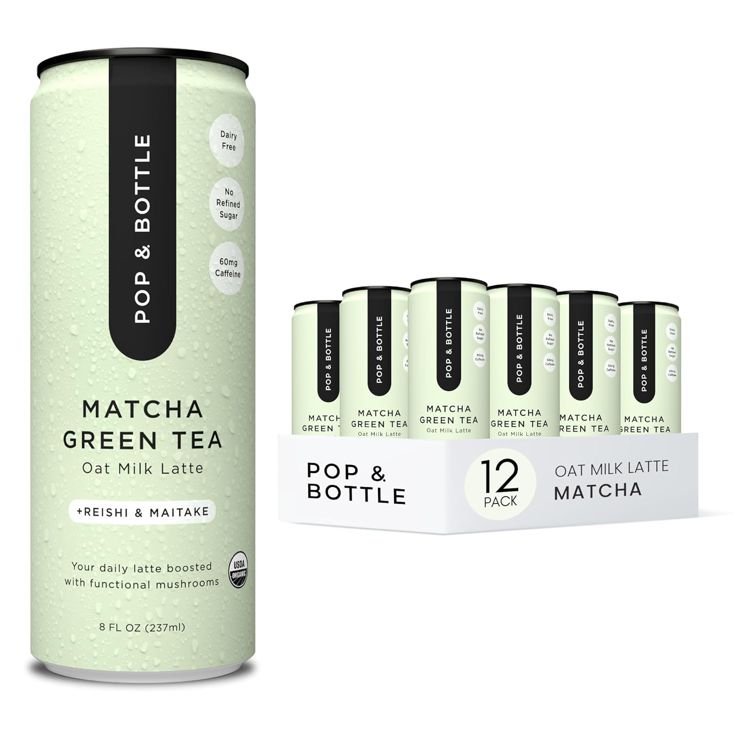 Pop & Bottle, Oat Milk Lattes - Matcha with Reishi and Maitake Mushrooms, Green Tea Latte, MCT Oil, Organic, Dairy Free, Gluten Free, Lightly Sweetened with Dates - Matcha, 8 Fl Oz (12 Pack)