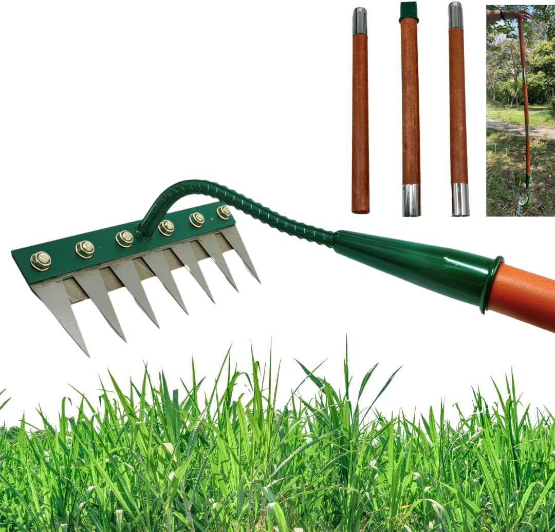 Upgrade The Iron Weeding 7 - Tooth Weeding rake with Wooden Handle – Heavy - Duty Garden Hand rake, Suitable for loosening Soil and Removing Weeds, Rust - Proof Gardening Tool (Green)