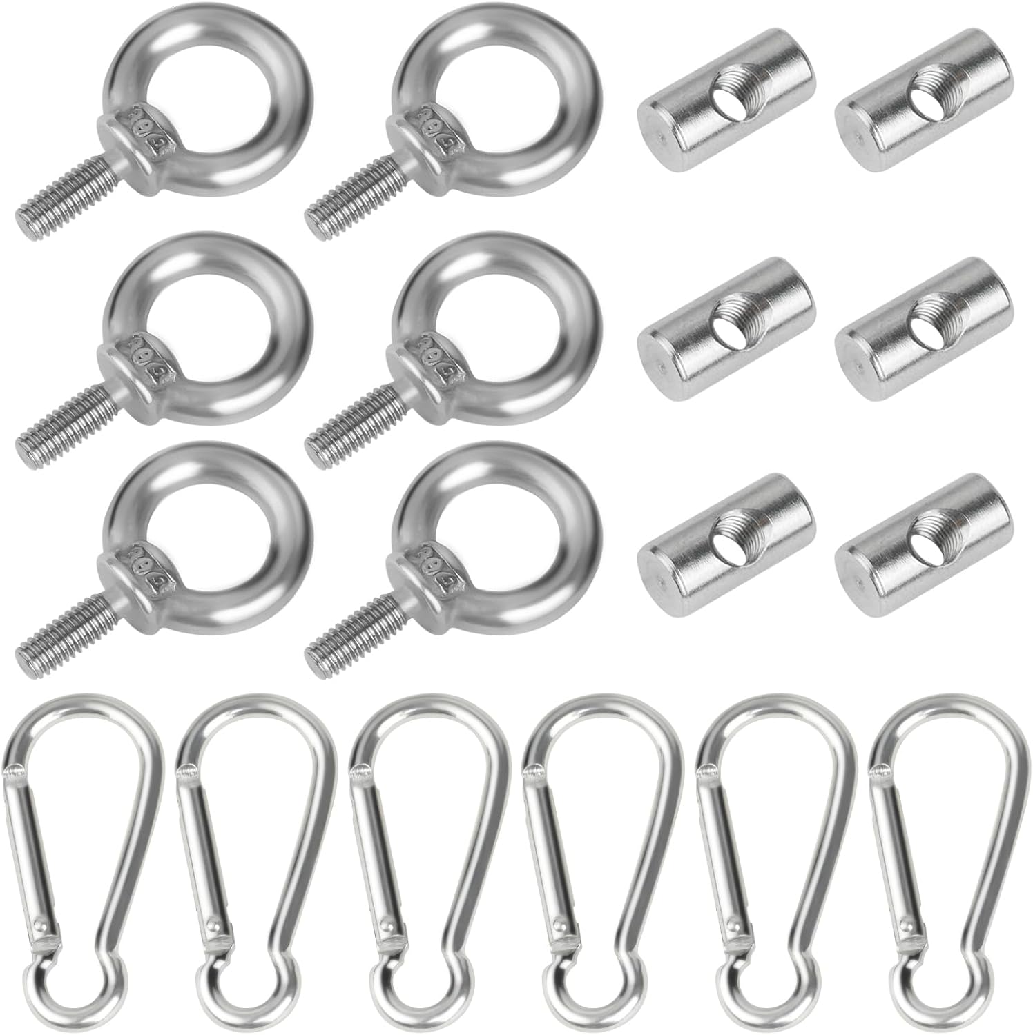 Adiwo Awning Rail Stoppers, 6 PCS Stainless Steel Awning Piping Stopper 6 mm with 6 Carabiners, Multi-Function Awning Rails Hooks Lifting Eye Nut Ring M4 Blocking Kit for Caravan Campervan Motorhome