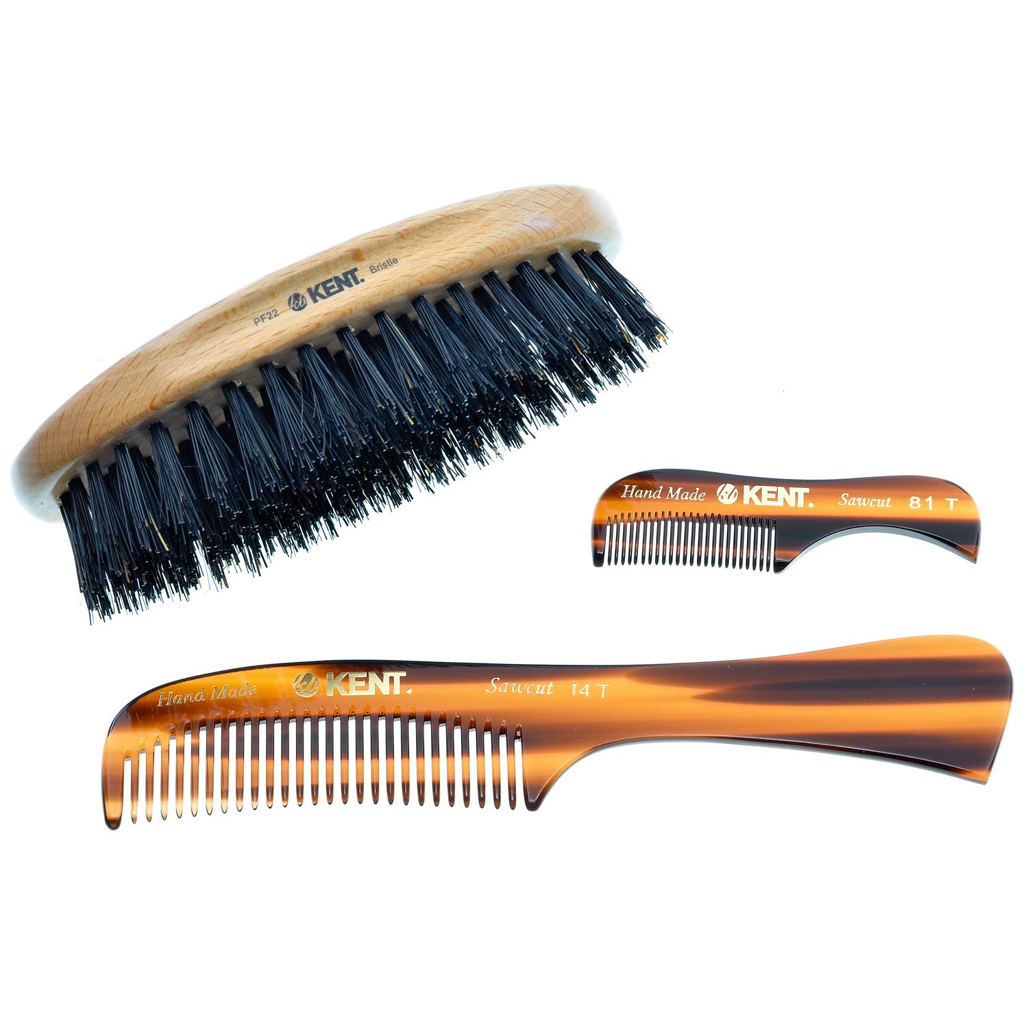 Kent Mens Grooming Kit: Extra Small Comb, Coarse Tooth Pocket Comb, Oval Palm Hair Brush for Beard and Mustache Care. Made in England