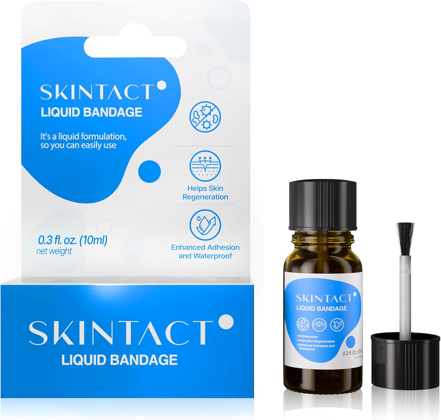 SkinTact Liquid Bandage with Centella Asiatica Extract & Glyceryl Monolaurate – Long-Lasting Waterproof, Transparent Coverage for Minor Cuts & Scrapes, Keep in First Aid kit, 0.3 oz