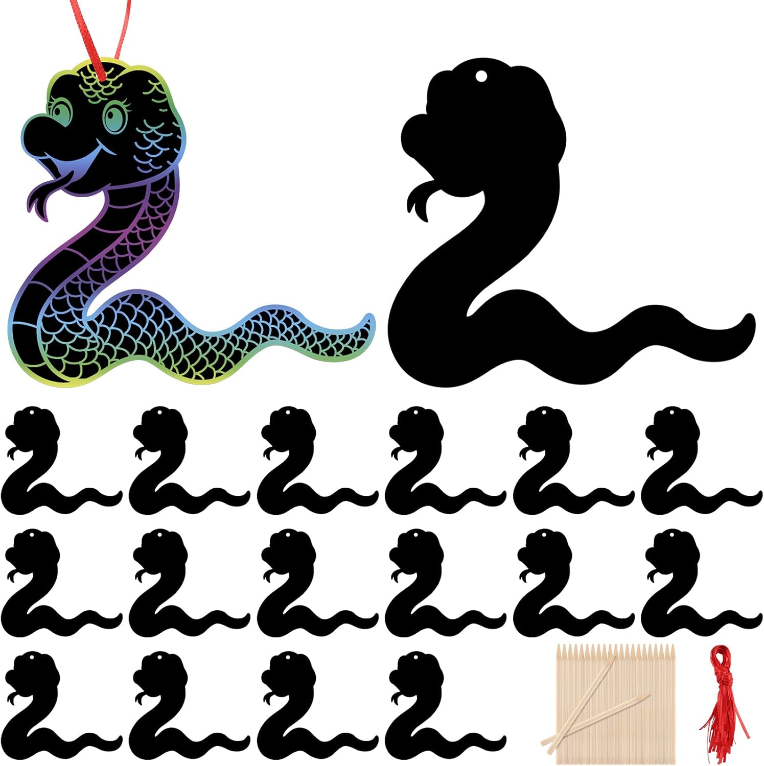 TecUnite 48 Pieces 2025 Scratch Chinese New Year Crafts Lunar New Year Snake Crafts Rainbow DIY Scratch Cards Set Colorful Snake Crafts Gifts Chinese New Year Favors