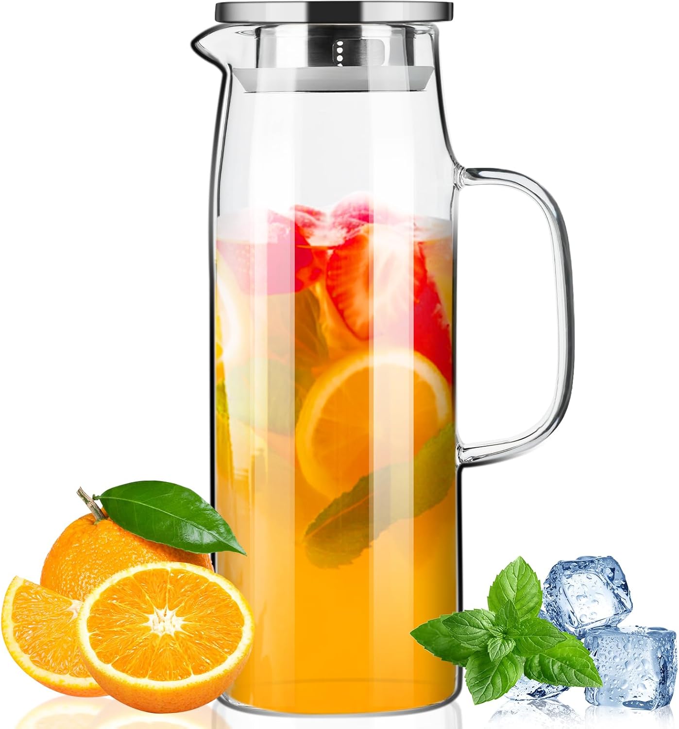 PARACITY 1.5L Hot/Cold Glass Pitcher, Modern Transparent Jug with Lid, 50oz, Fits Fridge Shelf, Heat & Cold Resistant