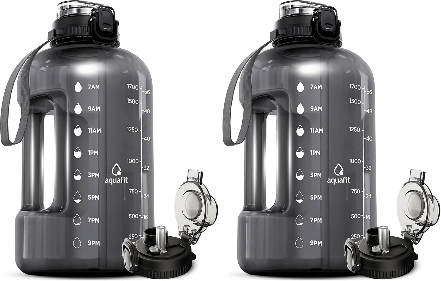 AQUAFIT Half Gallon Water Bottle with Time Marker - Straw & Chug Lid - BPA Free Gym Water Bottle with Straw - Big Gallon Jug (Gray, 64 oz - 2in1 Lid) (Pack of 2)
