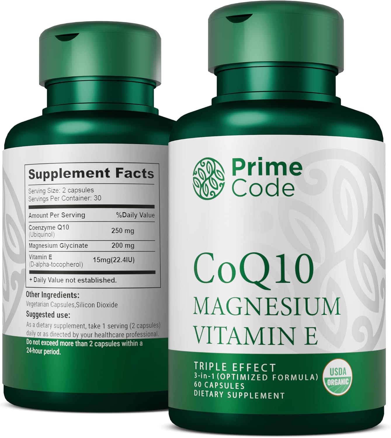 Prime Code [ 3 𝐢𝐧 𝟏] CoQ10 250mg with Magnesium Glycinate and Vitamin E | CoQ10 Capsules 250mg | Magnesium Glycinate 200mg | Vitamin E 15mg | Organic | Non-GMO | Gluten & Soy Free | Vegan