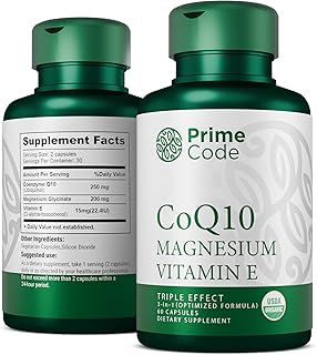 Prime Code [ 3 𝐢𝐧 𝟏] CoQ10 250mg with Magnesium Glycinate and Vitamin E | CoQ10 Capsules 250mg | Magnesium Glycinate 200mg | Vitamin E 15mg | Organic | Non-GMO | Gluten & Soy Free | Vegan