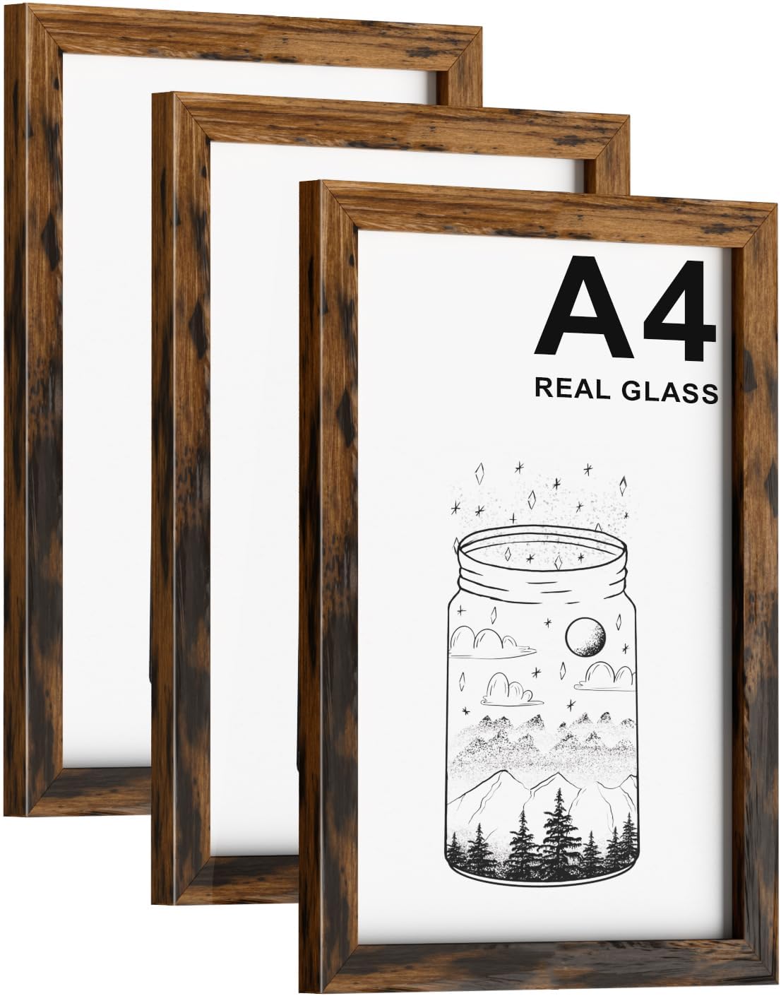 Pycisid Real Glass A4 Picture Frame, Pack of 3 Rustic A4 Frame with Glass Window, 21x29.7cm Photo Frames for Table Top and Wall Mounting