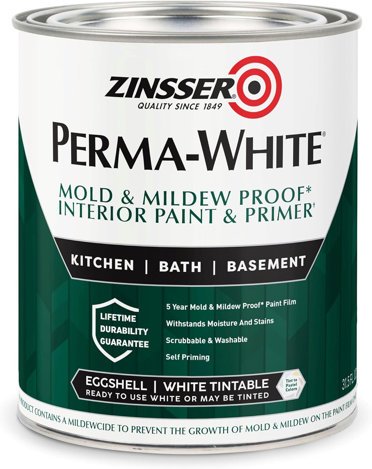 Zinsser 02774 PERMA-WHITE Mold & Mildew Proof Interior Paint, Quart, Eggshell White