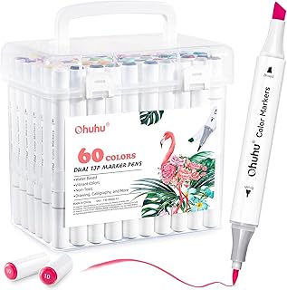 Ohuhu Markers for Adult Coloring Books No Bleeding 60 Colors Water-based Dual Tips Chisel & Brush Coloring Markers for Kids Adults Beginners Drawing Pens for Journaling Lettering