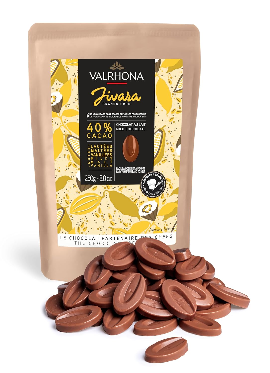 Valrhona Premium French Baking Creamy Milk Chocolate Discs (Feves). JIVARA 40% Cacao. Easy Melt and Tempering. Hints of Vanilla and Malt. For Cookies, Mousses, Frostings and Candies 250g (Pack of 1)