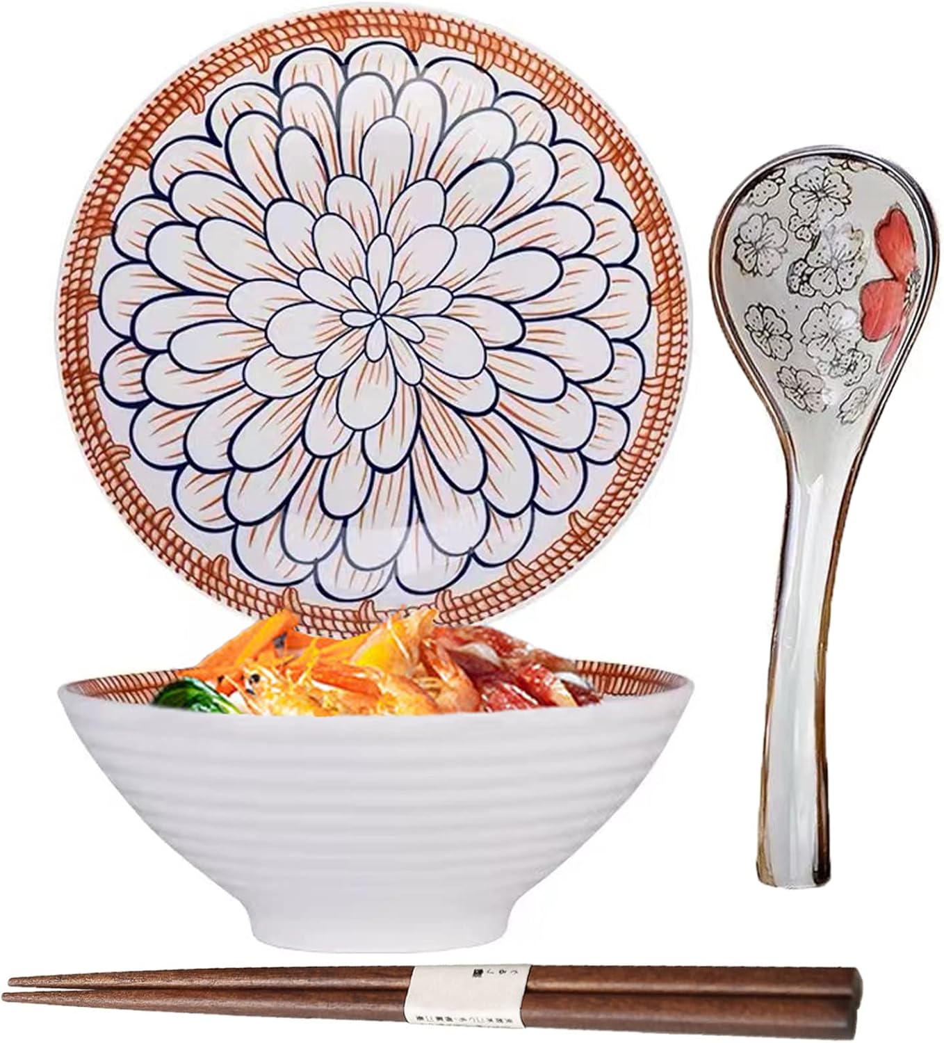 8‘’ Ceramic Ramen Bowl Set,Large Porcelain Japanese Bowl,1100ml Japanese Noodle Soup Bowl,with Spoon Chopsticks,Salad Bowls for Party Camping Men and Women Gifts