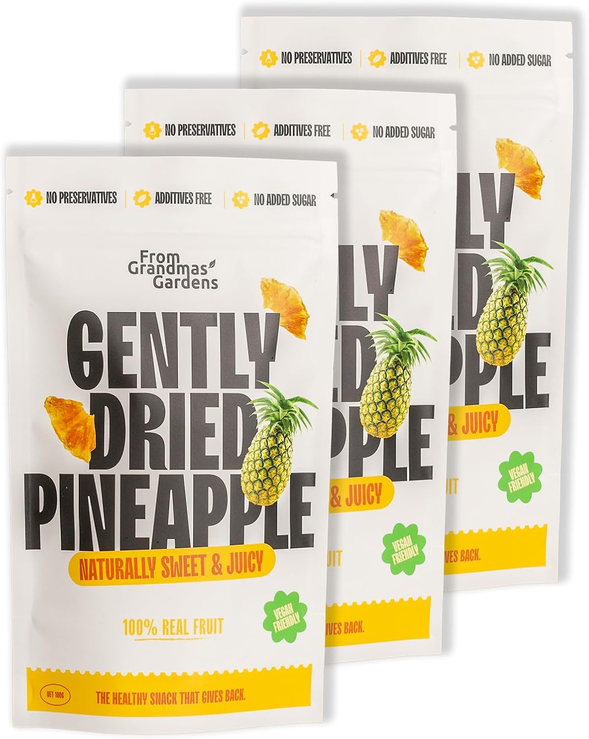 From Grandmas Gardens Dried Pineapple | 100% Natural, No Added Sugar | Gently Dried, Sweet & Juicy | 3x100g | Resealable Bag | Rich in Vitamins | Healthy Vegan Snack | GMO-Free & Preservative-Free