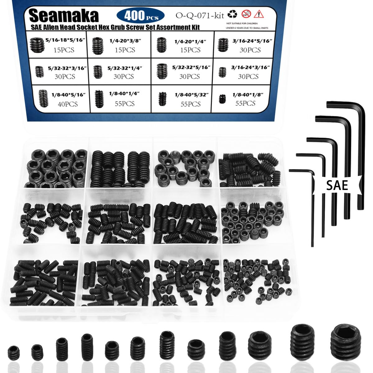 400Pcs SAE Set Screws Assortment Kit with Allen Keys,12 Size 12.9 Class Alloy Steel Set Screw Assortment Kit,1/8"-40 to 5/16"-18 Internal Set Screws for Bathroom Fixtures