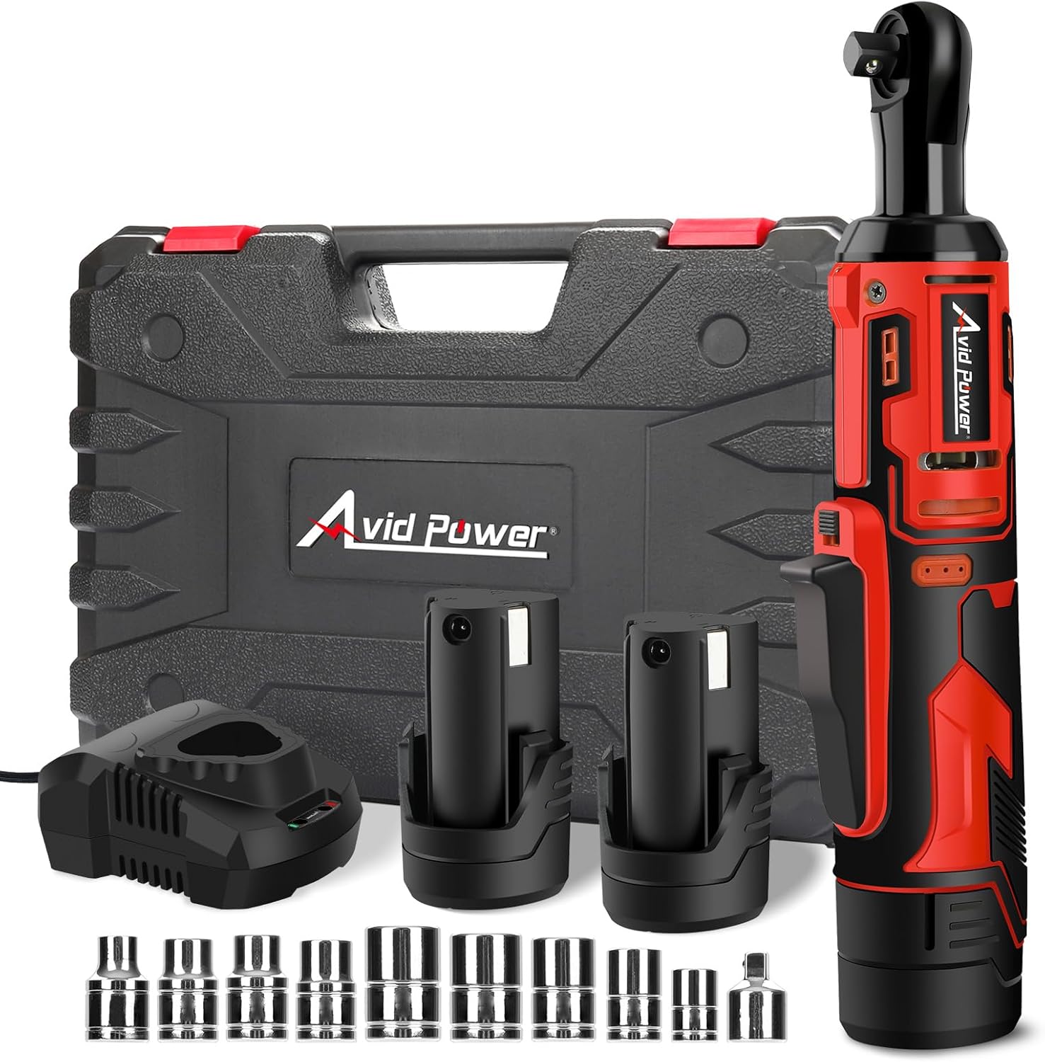 AVID POWER Cordless Electric Ratchet Wrench 3/8", 44.2 Ft-lbs 12V Power Ratchet Wrench Kit w/Two 2.0Ah Batteries, 1-Hour Fast Charger, Variable Speed and 10 Sockets