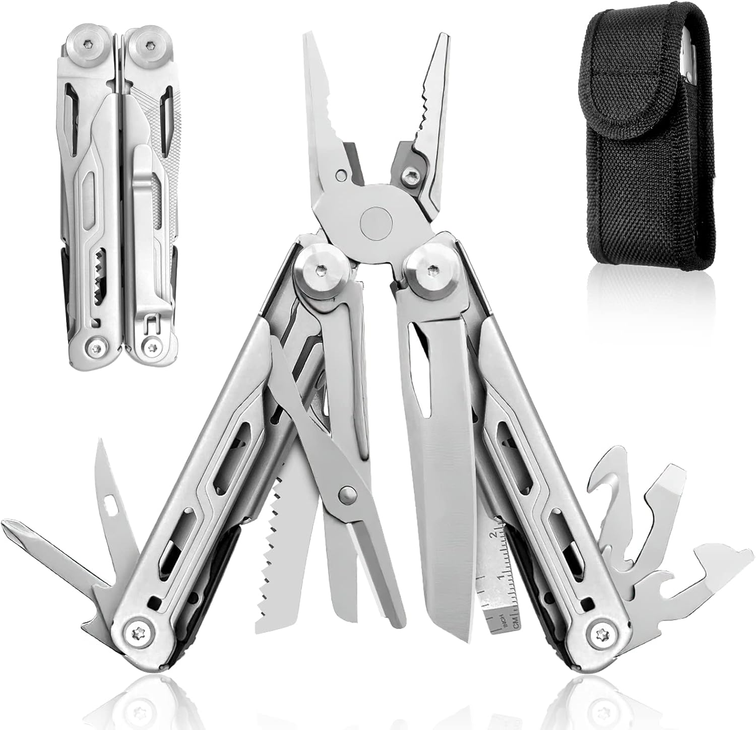 HONZIN Multitool Pliers 18-in-1 Stainless Steel Pocket Multi-Tool, Wire Cutters, Scissors, Screwdriver, Bottle and Can Openers, with Nylon Sheath, Camping, Outdoor, Repair