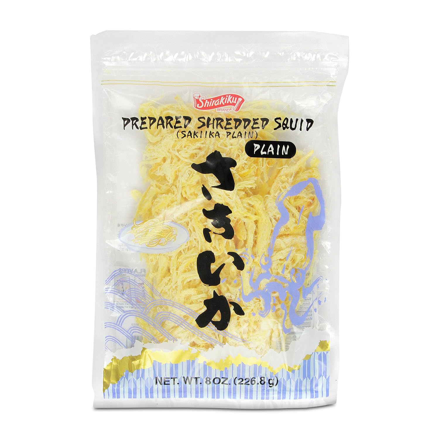 Shirakiku Prepared Shredded Squid | Saki Ika Plain Flavour Dried Squid | Savory Asian Seafood Snack, Low-Fat, Low-Calorie Dried Seafood Treat, 8 oz (Pack of 1)