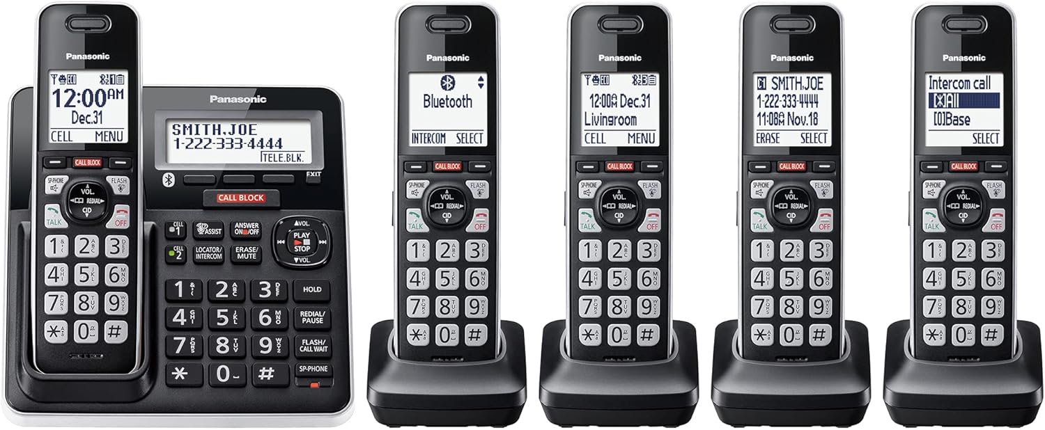 Panasonic Cordless Phone with Advanced Call Block, Link2Cell Bluetooth, One-Ring Scam Alert, and 2-Way Recording with Answering Machine, 5 Handsets - KX-TGF975B (Black with Silver Trim)