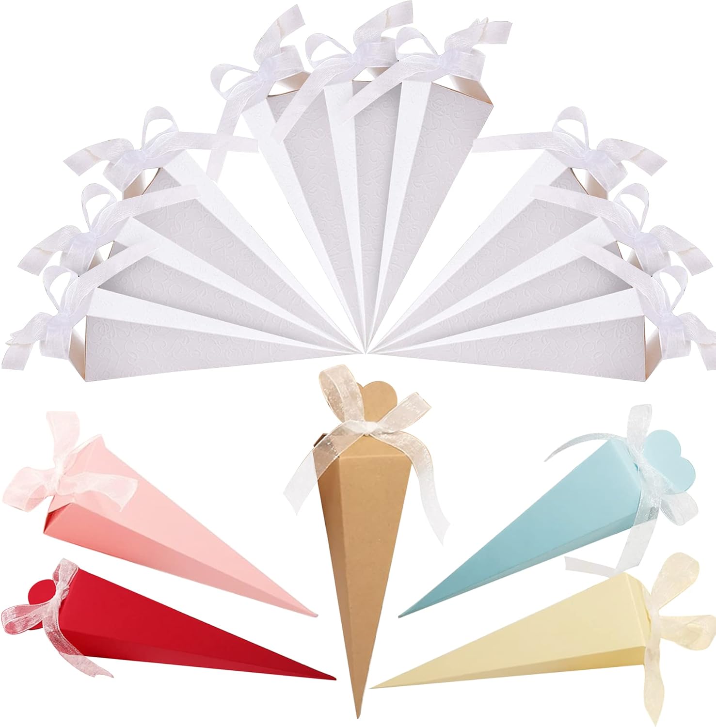 Allazone 125 PCS Favour Gift Boxes Cones Paper Gift Box Candy Box with Ribbon for Wedding Birthday Baby Shower Holy Communion Graduation Party Christmas Sweet Candy Box