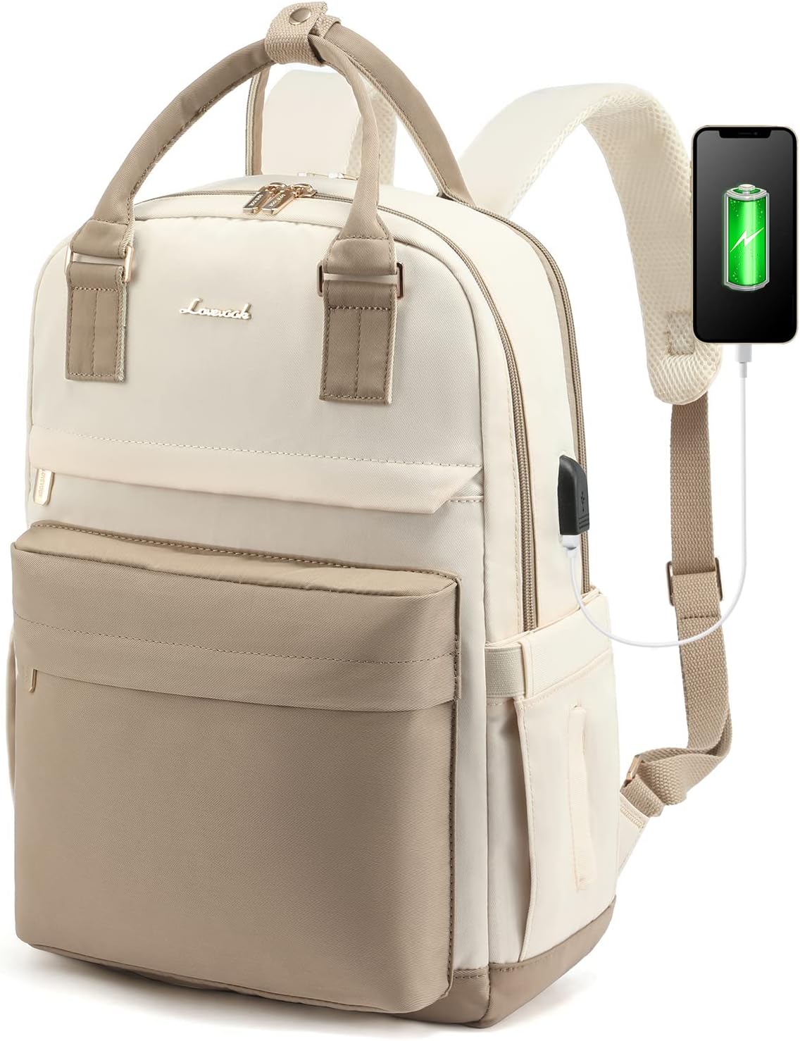 LOVEVOOK Laptop Backpack Womens, 15.6 Inch School Bags for Women Waterproof Computer Rucksack with USB Port for Travel Business College Work, Khaki Beige