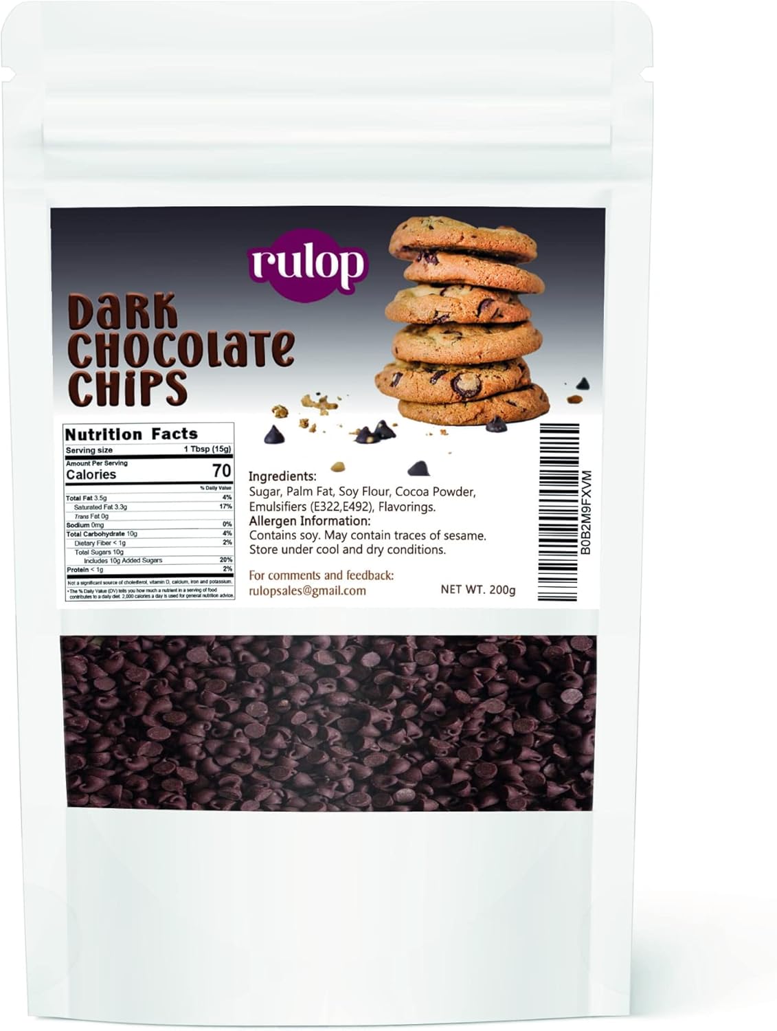 Rulop Dairy Free Mini Chocolate Chips 200g, Semi-Sweet Chocolate Drops for Topping Ice Cream, Desserts and Baked Goods
