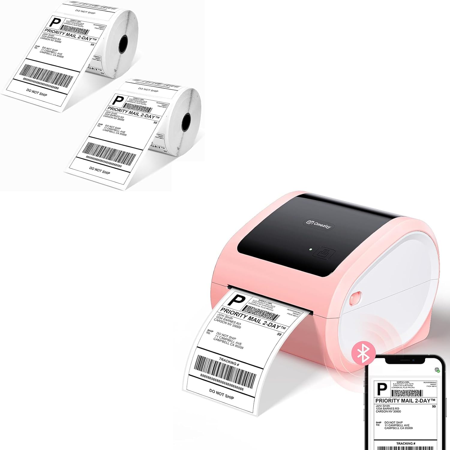 D520BT Bluetooth Shipping Label Printer and 2 Roll Thermal Labels, Wireless Label Printer for Small Business