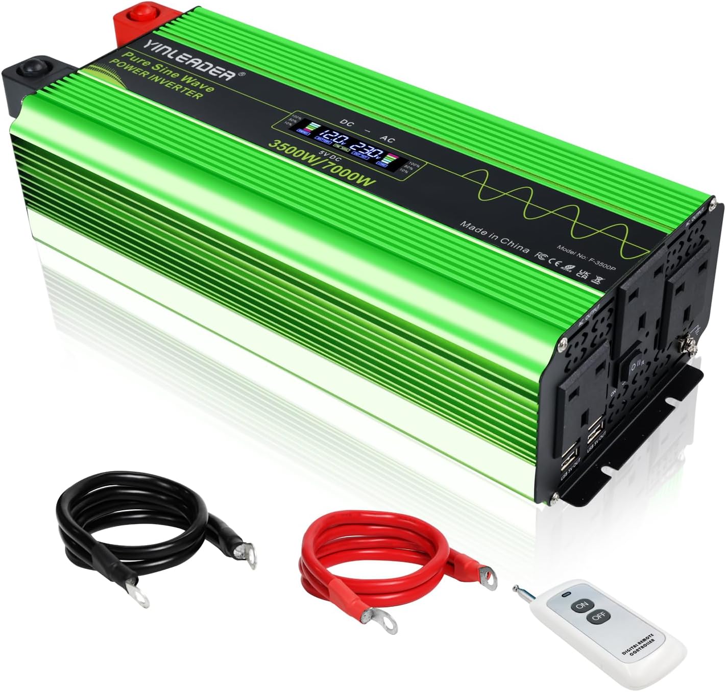 Yinleader 3500W /7000W Pure Sine Wave Power Inverter DC 12V to 230V 240V AC Big Display 3 UK Sockets 4 USB ports with Remote