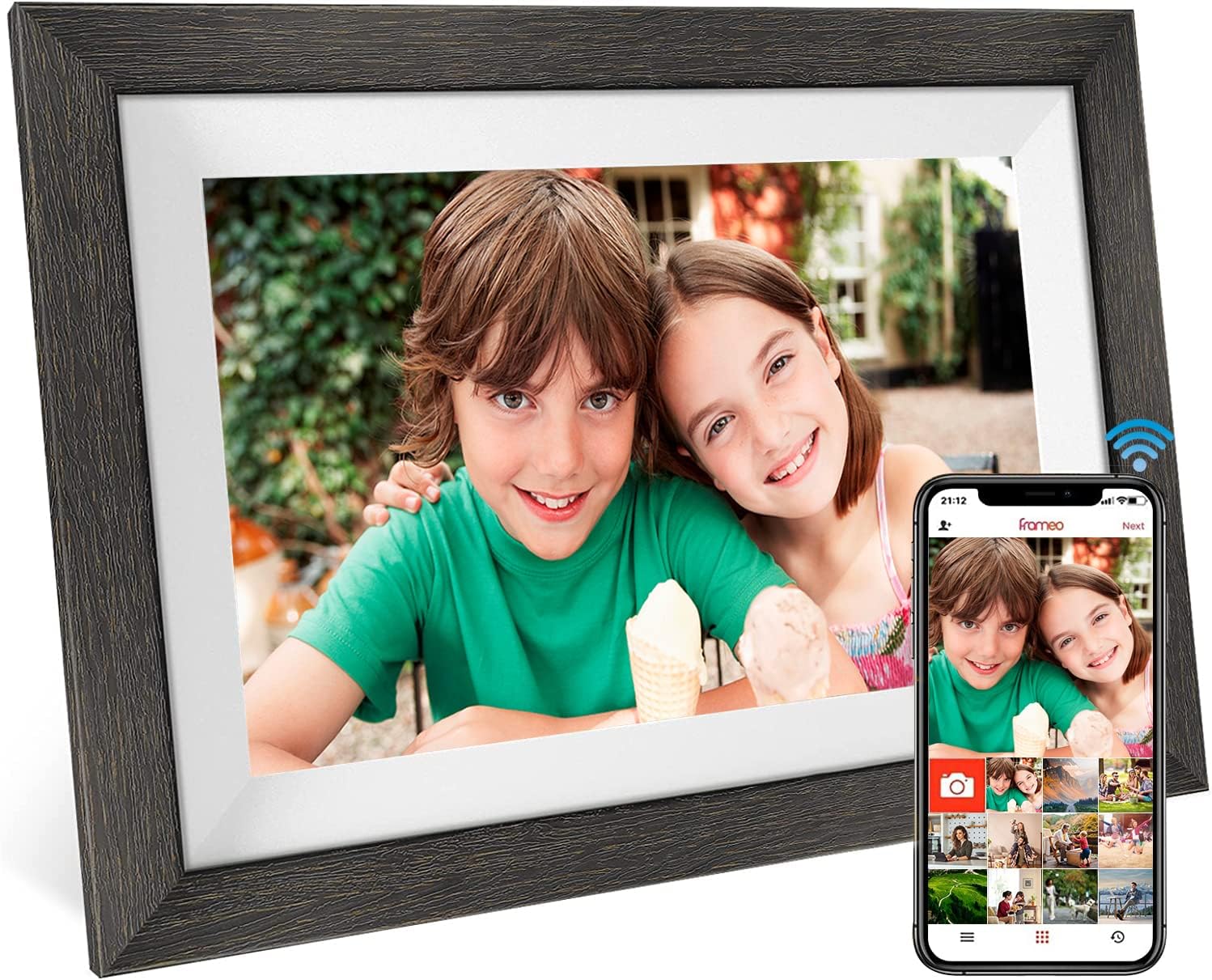 Frameo 10.1 Inch WiFi Digital Picture Frame，1280 * 800IPS HD Cloud Smart Digital Photo Frame,32GB Storage, Wall Mountable, Auto-Rotate,Easy to Share Photos or Videos via FRAMEO APP （Wood Frame）