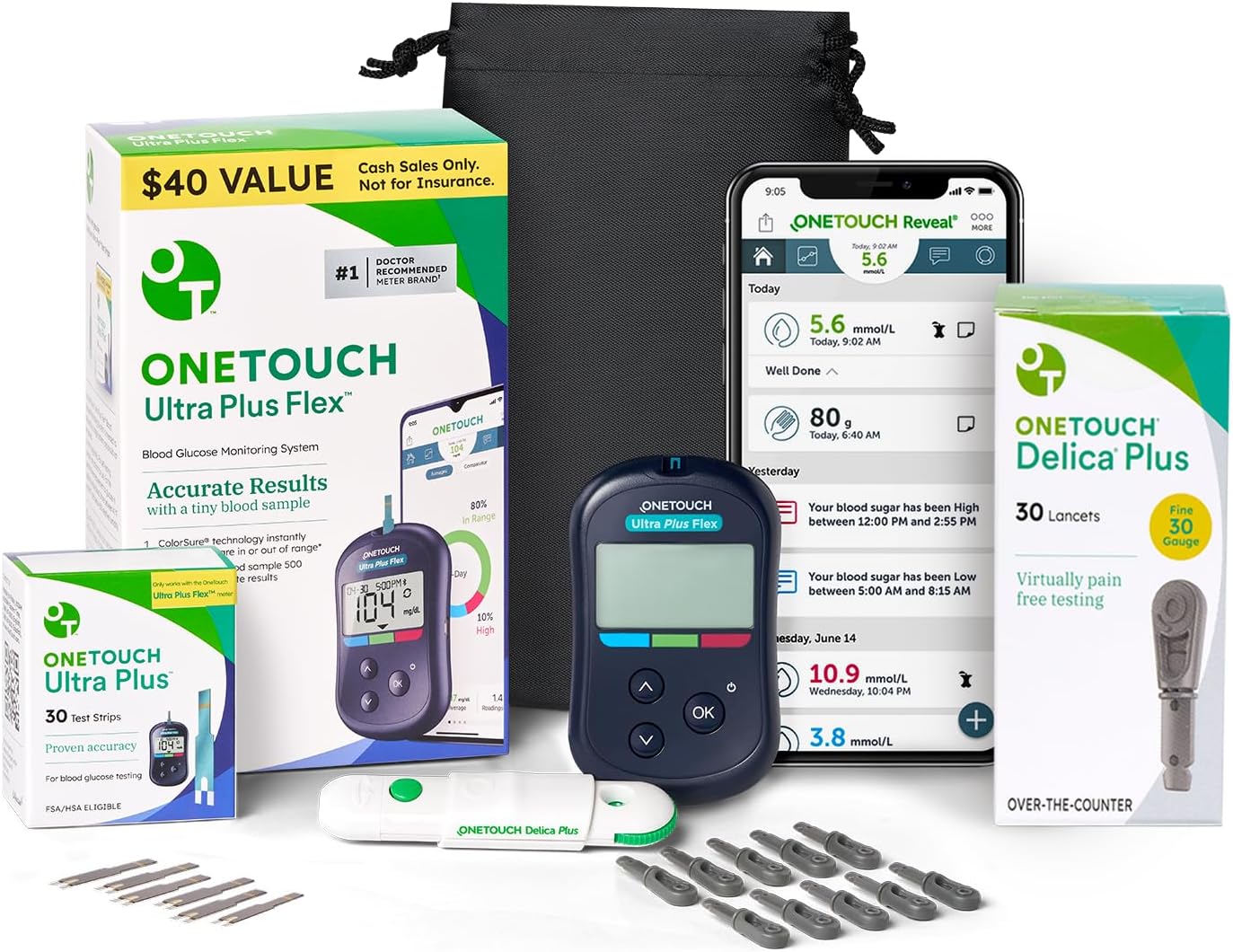 OneTouch Ultra Plus Flex Value Diabetes Testing Kit | Blood Sugar Test Kit Includes 1 Blood Glucose Meter, 1 Lancing Device, 30 Lancets, 30 Diabetic Test Strips, & Carrying Case
