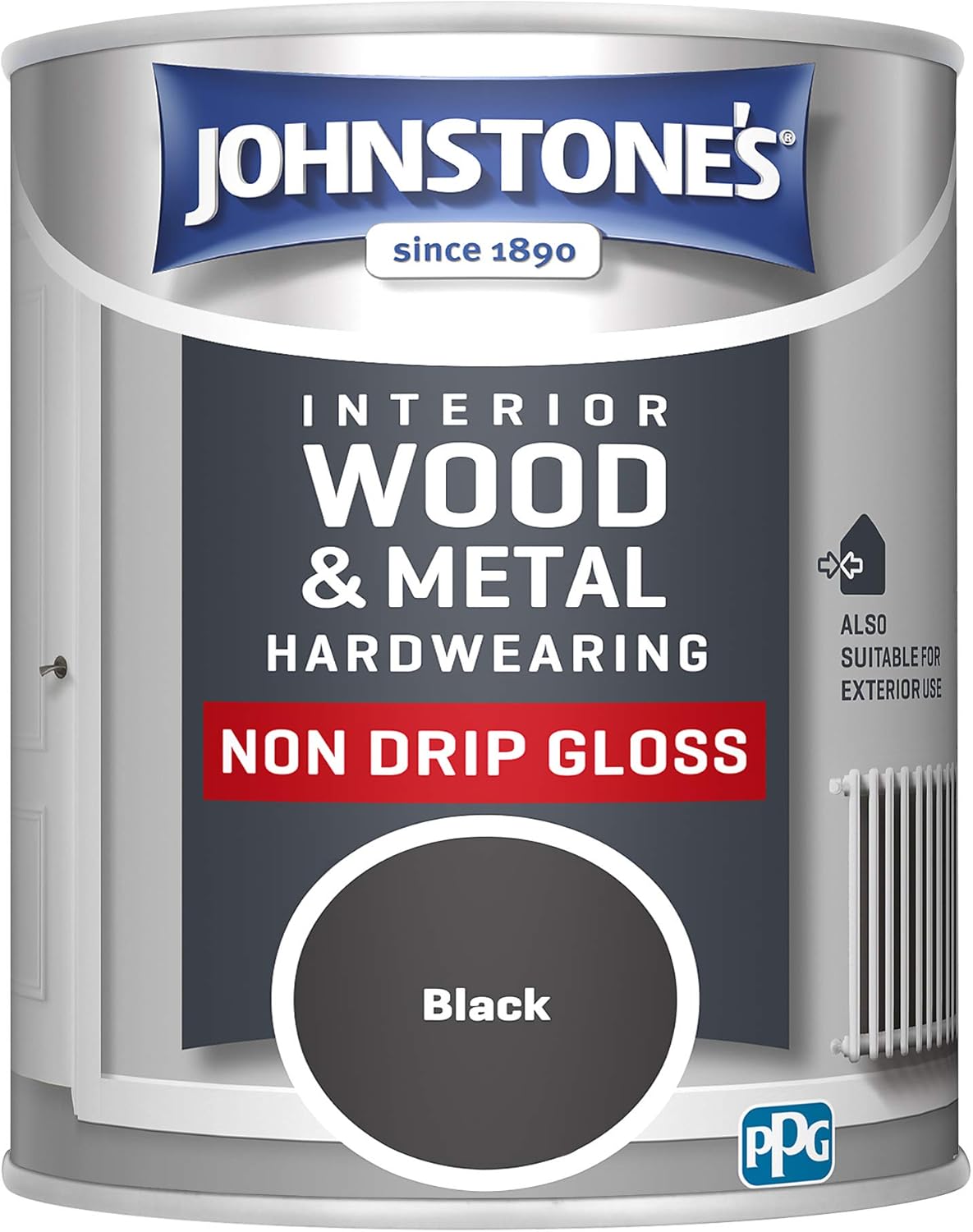 Johnstone's - Interior Wood & Metal Hardwearing - Black - High Sheen - Non Drip - Gloss Finish - Suitable Paint Interior & Exterior - Dry in 16-24 hours - 14m2 Coverage per Litre - 750ml