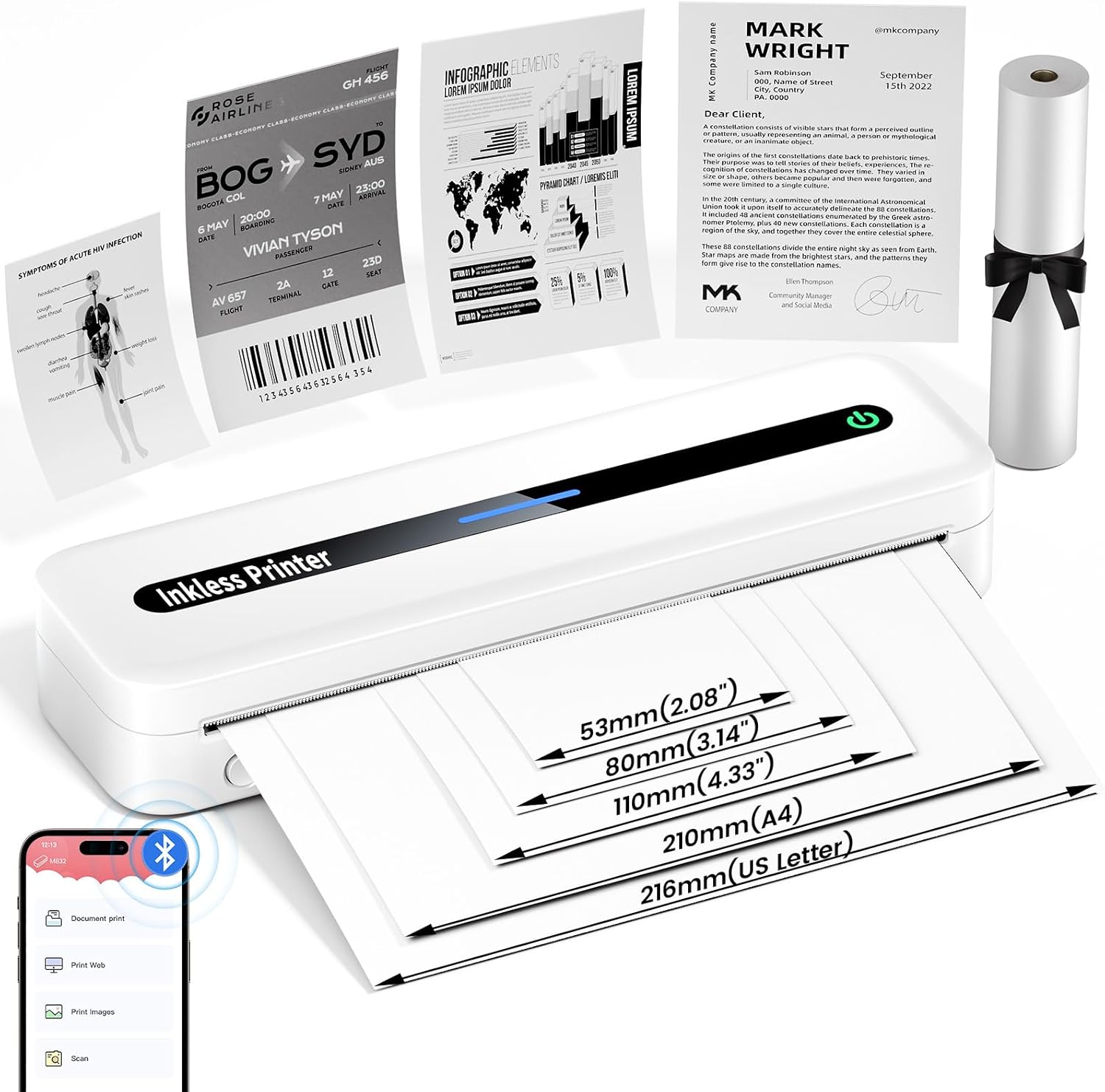 Portable Printer Wireless Travel - Upgarde Portable Thermal Printer with Paper Bin, Compact Printers Wireless for Travel, Support US Letter and Multiple Sizes