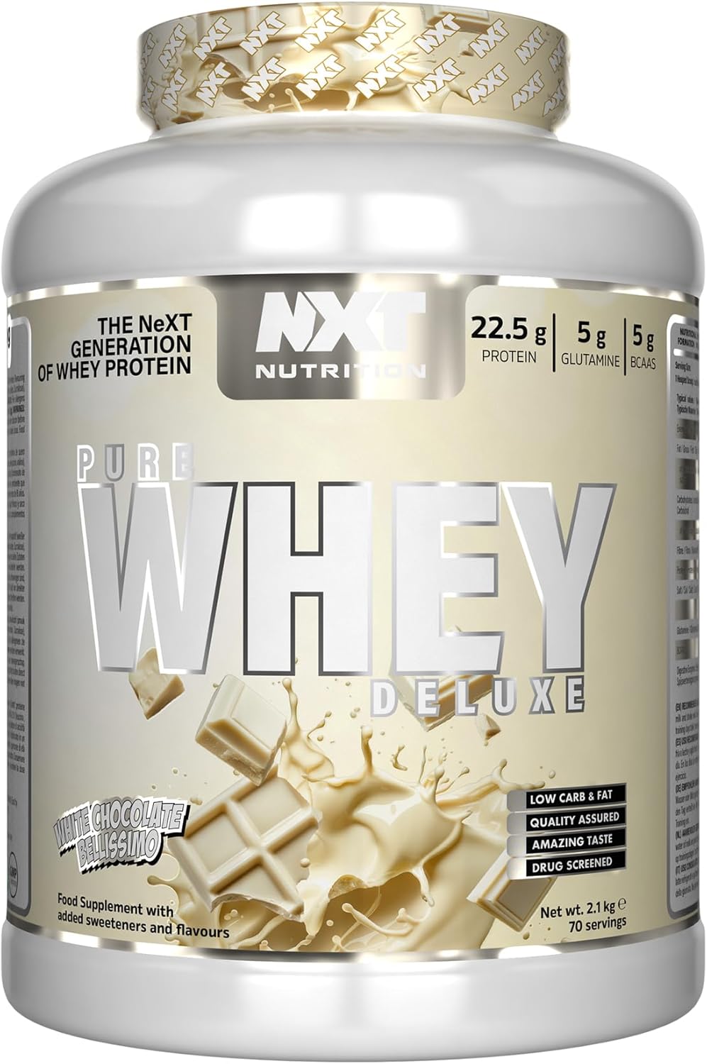NXT Nutrition Pure Whey Deluxe 2.1kg | Whey Protein | Muscle Growth and Recovery | 70 Servings | 5g Glutamine | 5g BCAA | White Chocolate Bellissimo