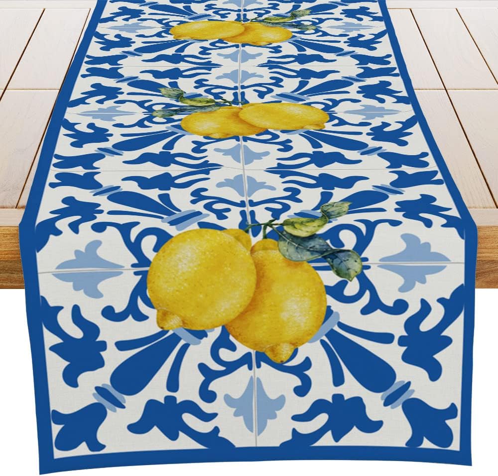 Italy Blue Tiles Runner Decorative, Italian Lemons Summer Table Runner Decorations for Dining Room Kitchen Dresser Decor for Party Holiday, Housewarming Gifts for Women Couple New Home, 13X72 Inches