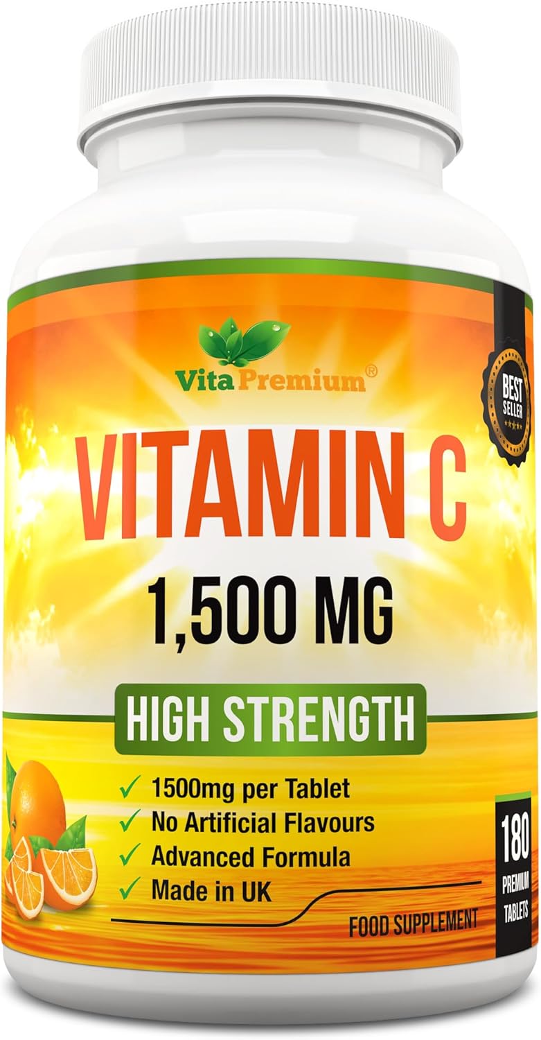 Vitamin C 1500mg per Tablet, High Strength 180 Vegan Tablets, Food Supplement, 6 Month Supply - Made in UK