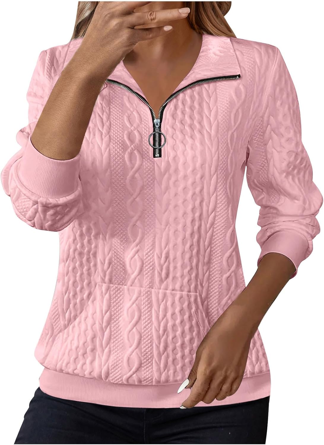 Sweatshirts for Women Cable Knit Jumpers Lapel Half Zip Pullover Ladies Thermal Sweatshirt Long Sleeve Tops Winter Autumn Sweaters Warm Tunics for Office Work Daily Going Out Wear