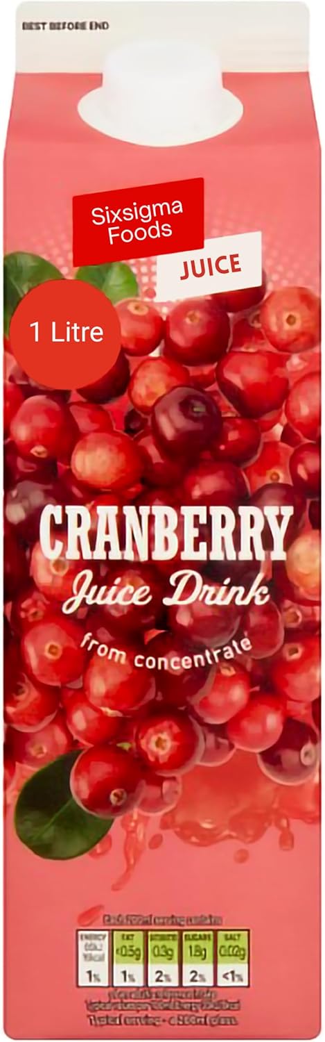Sixsigma Foods Cranberry Juice Drink from Concentrate (6 x 1 Litre) - Perfect for Hydration, Meals & Mixers, Great for Family Refreshment, Enjoy Chilled Anytime of the Day (Case of 6)