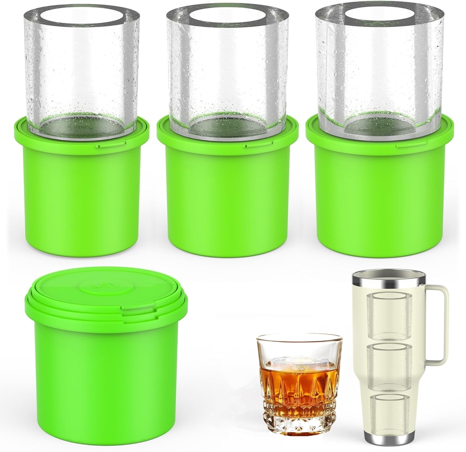 IYYI Ice Cube Tray for Stanley Cup, Tumbler Ice Cube Mold, Silicone Ice Mold With Lid - Cylindrical Ice Maker for Whiskey, Cocktail, Coffee, Juice, Chilling Drinks (Apple Green)