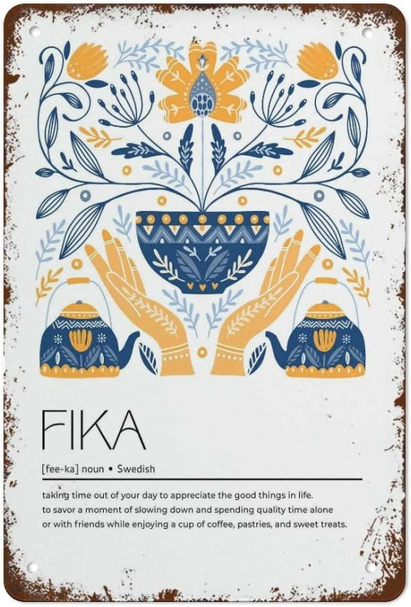 Viewkedt Festival Summer Fika Definition, Scandi Style Folk Art Print, Nordic Decor, Swedish Word Spring 6x8 in Tin Sign Home Decor Home Art Metal Signs Wall Art Wall Decor Poster