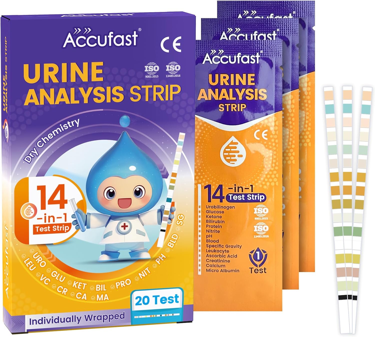 Accufast 14-in-1 Urine Test Strips - Urine Tract Infection Test, 20 UTI Test Strips Home Health Screening for Women & Men | Individually Packaged, with Waterproof Color Comparison Atlas