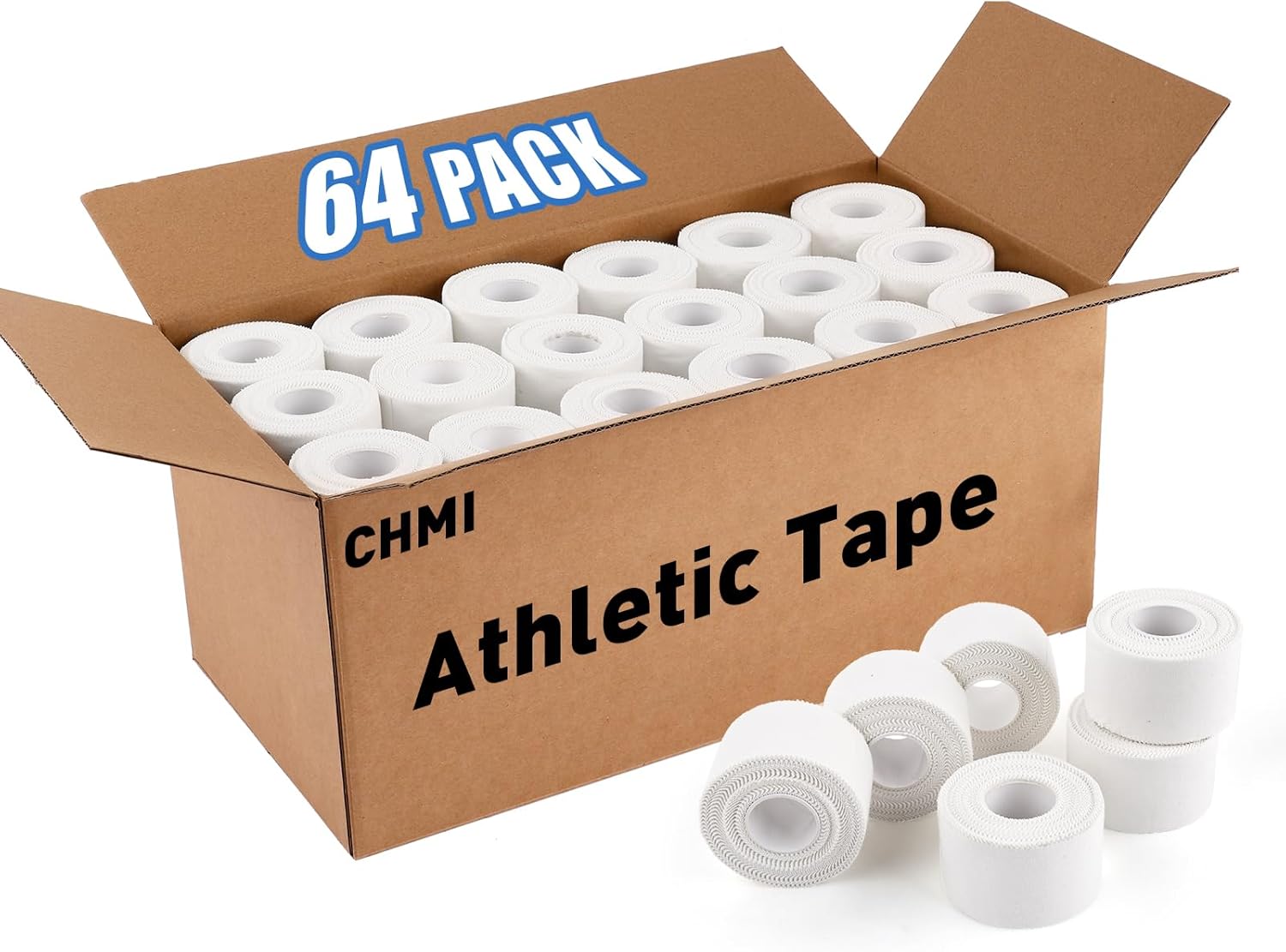 CHMI Athletic Tape,White Sports Tape (64 Pack), 640 Yards Rolls Very Strong Easy Tear NO Sticky Residue Best Tape for Gymnastics Climbing Bat Injuries Medical (1.5 Inch X 640 Yards).