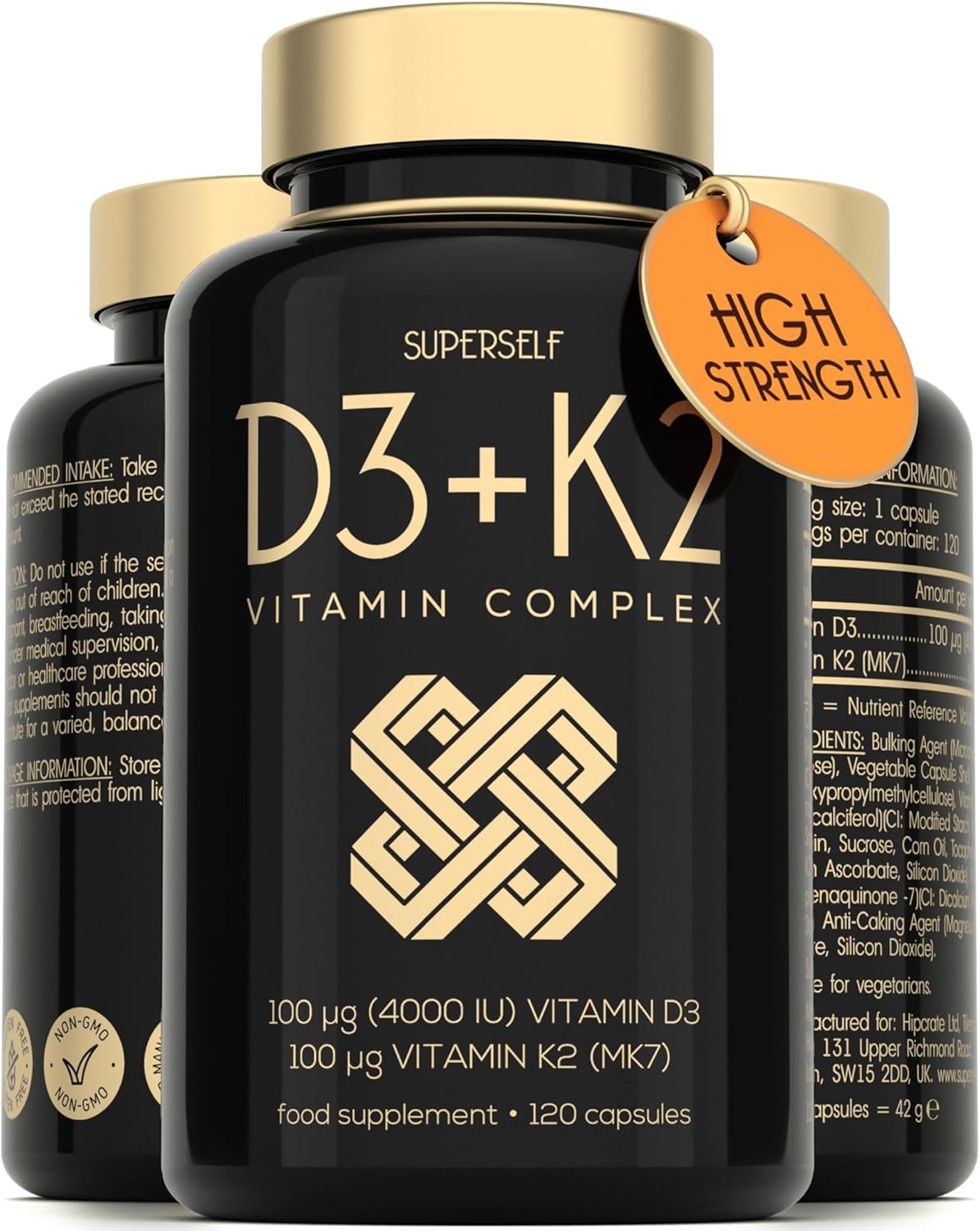 Vitamin D3 K2 Capsules - High Strength Vitamin D Tablets - 4000 IU VIT D & 100mcg VIT K MK7- UK Made Vegetarian D3 and K2 Vitamins Supplement for Strong Bones, Teeth, Immune System - 120 Capsules