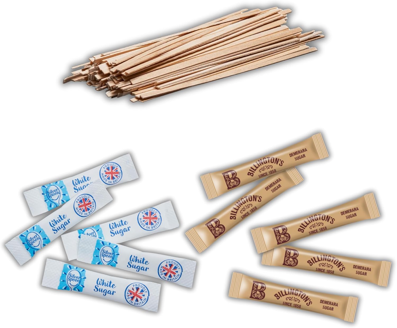 300 Pack – 100 SilverSpoon White Sugar Sachets, 100 Billington's Brown Sugar Sachets, 100 Wooden Coffee Stirrers | Individually Wrapped Sugar Sticks & Stirrers Set | Espresso Yourself