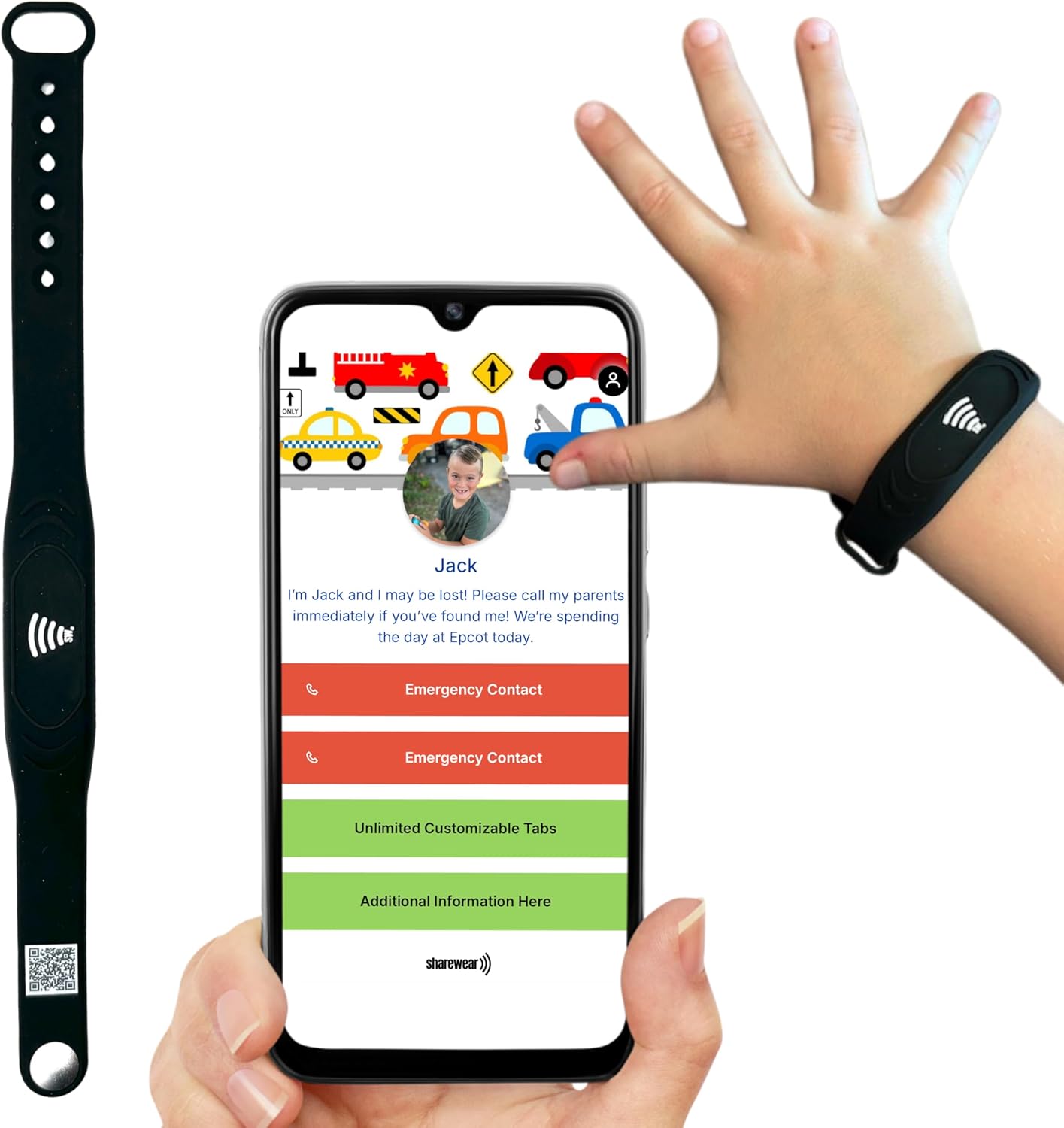 Smart Bands for Kids if Lost, Child Safety ID Wristband, NFC Bracelet for Children, Smart Medical ID Band, Lost ID Bracelet, Disney Essentials for Kids, QR Identification, Waterproof (Black)