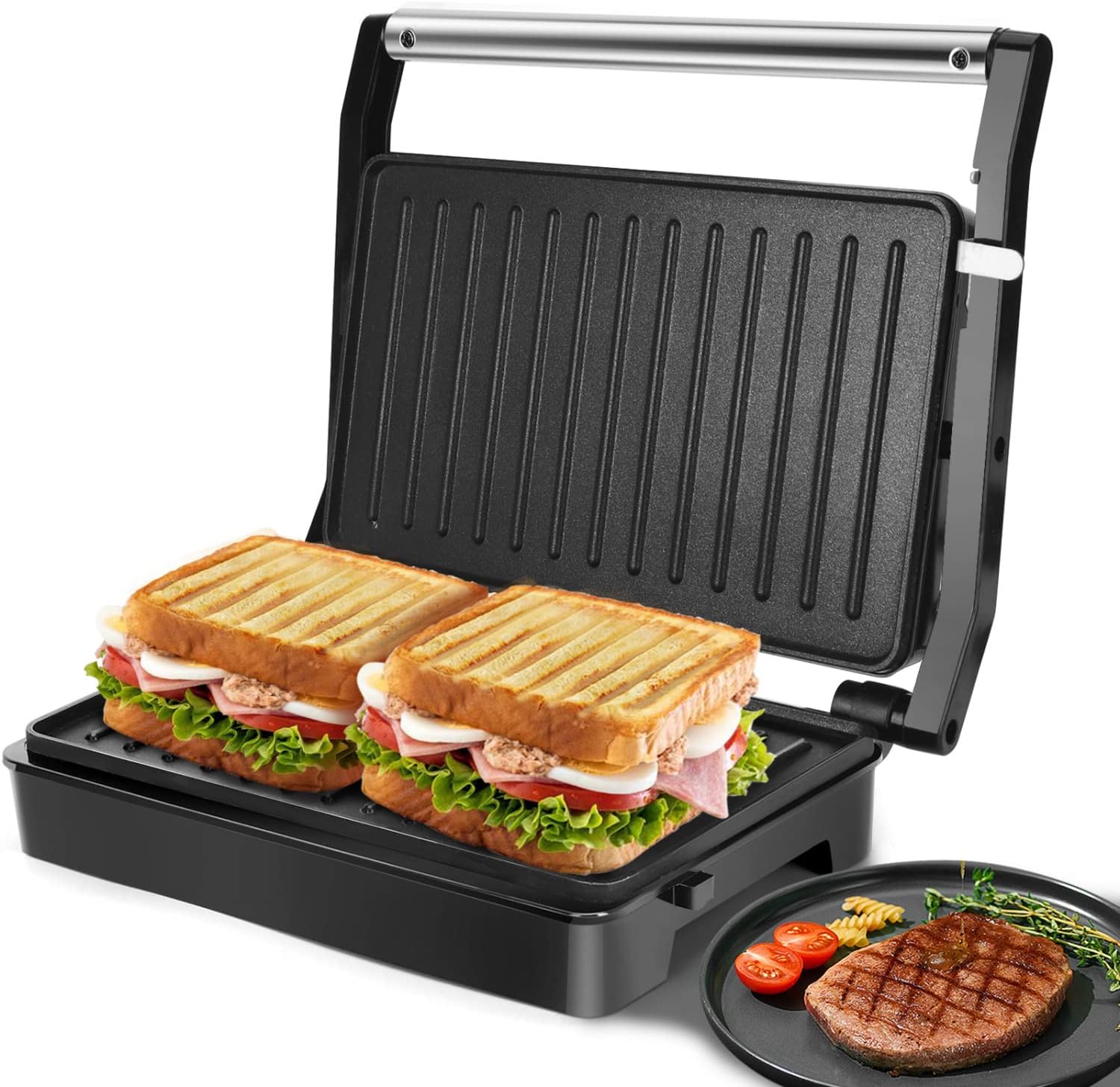 Aigostar Sandwich Toaster Panini Press, 1000W Deep Fill Toastie Maker, Non-Stick-Coated Aluminium Plates, Indicator Light, Stainless Steel, Black-Larissa